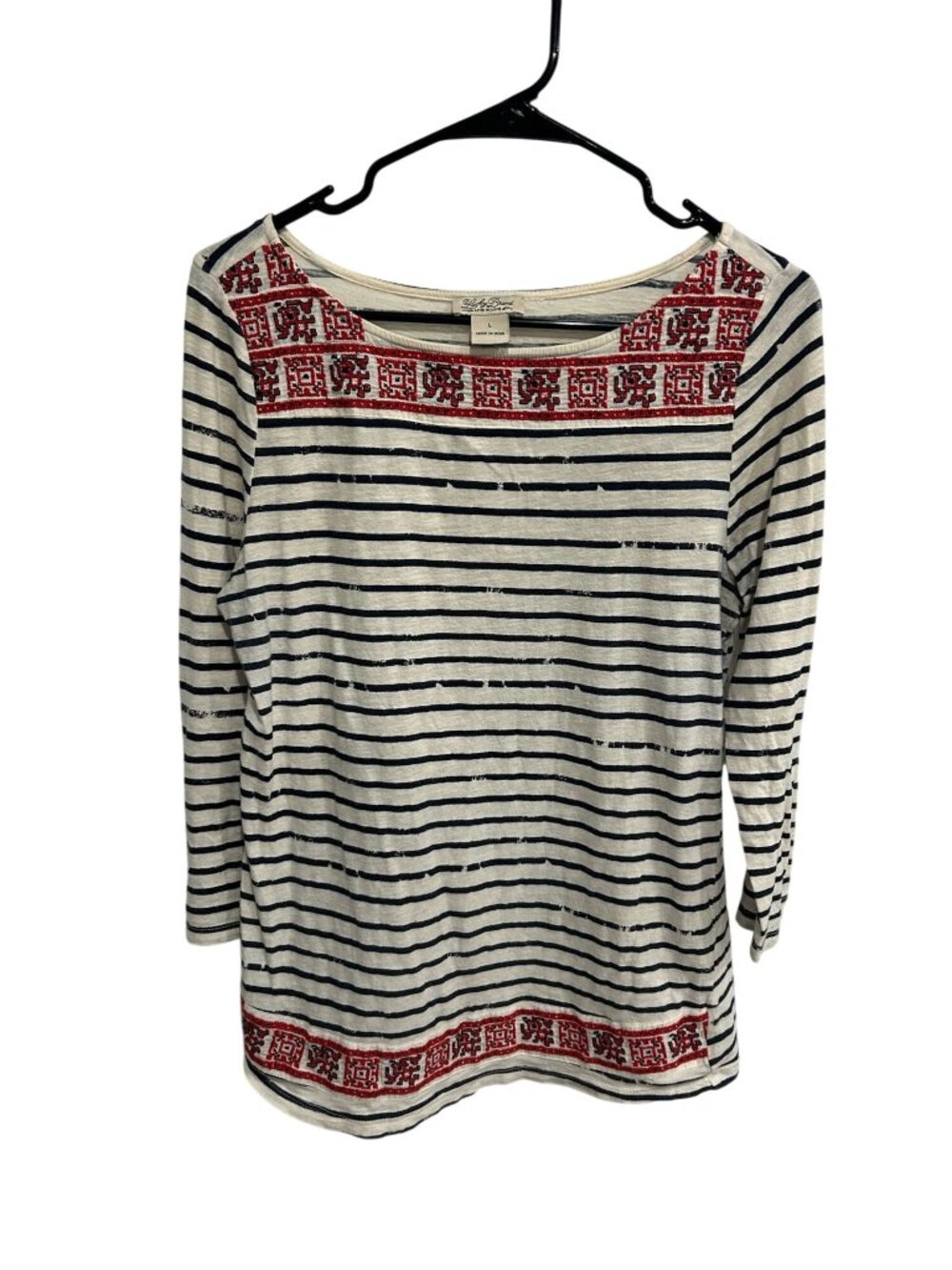 Lucky Brand Large Striped Top Red Embroidered 3/4 Sleeves Boho Chic Heritage